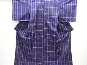 未使用品　格子に抽象模様織出し米沢紬着物アンサンブル